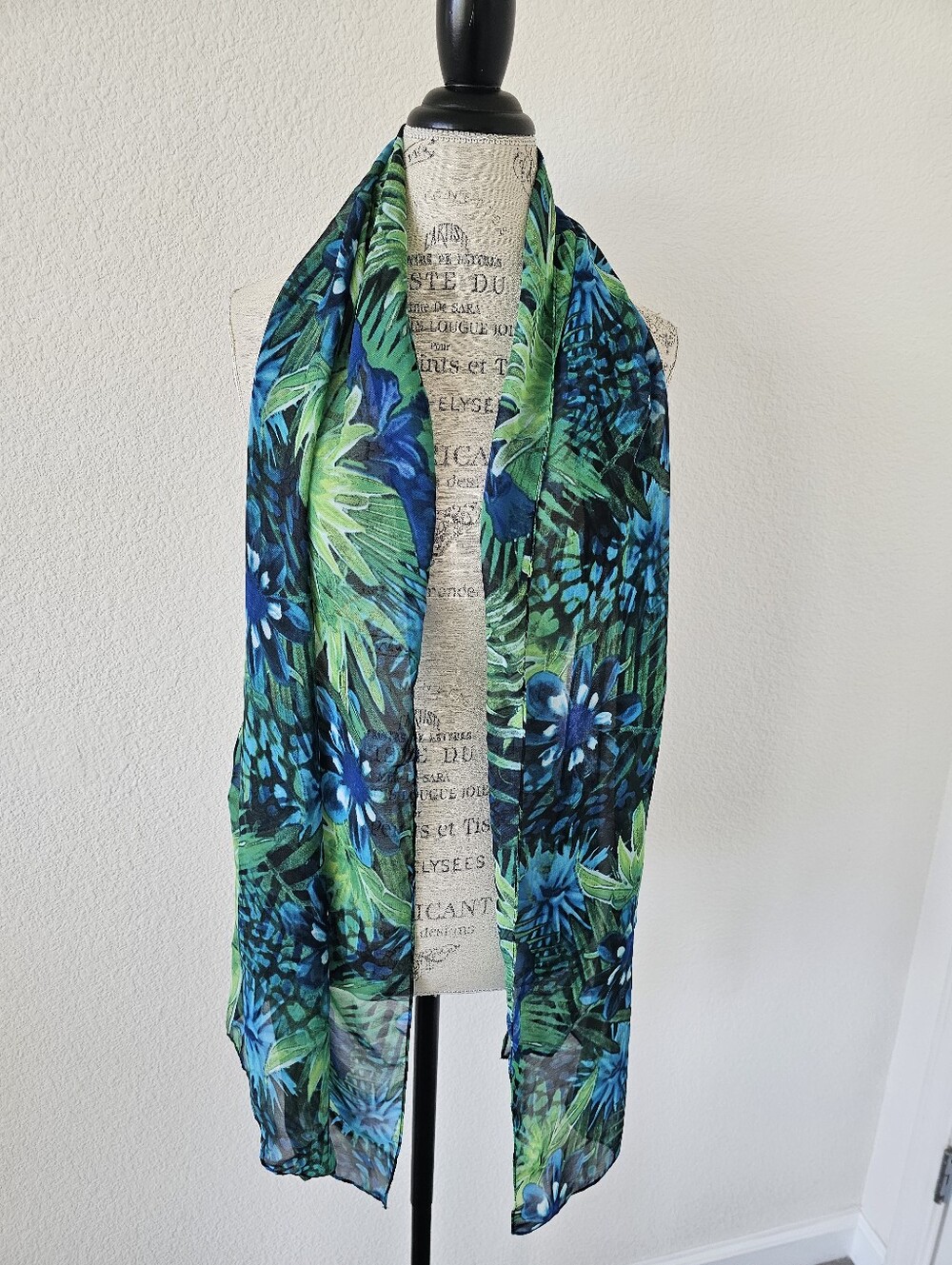 Sheer Tropical Botanical Oblong Scarf Royal Blue Green Palm Leaves Sarong 72x18